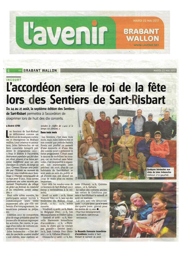 Avenir, 23 mai 2017 article festival les Sentiers de Sart-Risbart